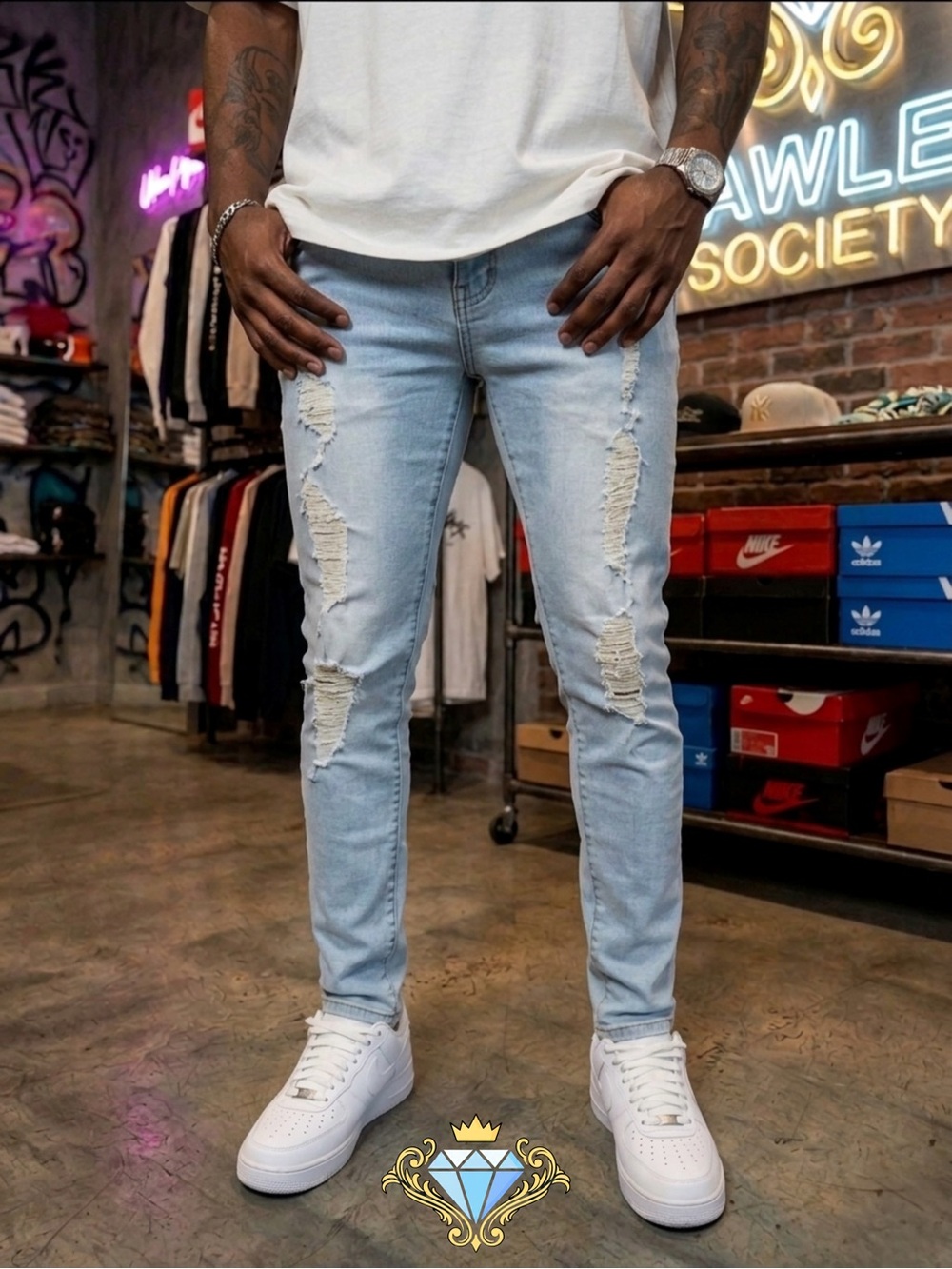 Manfinity Men’s Light Wash Distressed Skinny Jeans Size Medium Streetwear